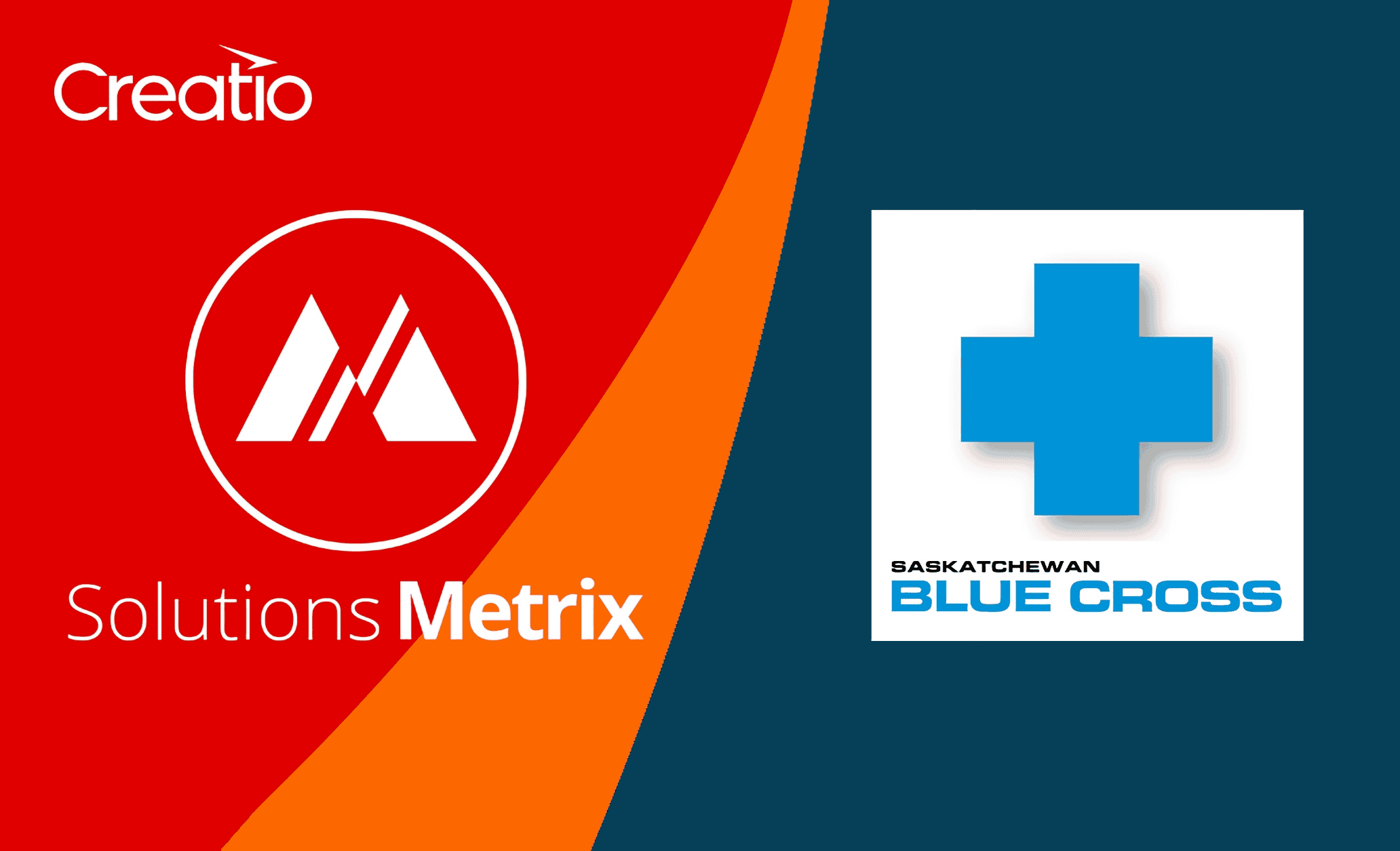 Logos of two companies. On the left, Solutions Metrix in red with a stylized white M, emblematic of their CRM Consulting services. On the right, Saskatchewan Blue Cross in blue featuring a cross symbol.