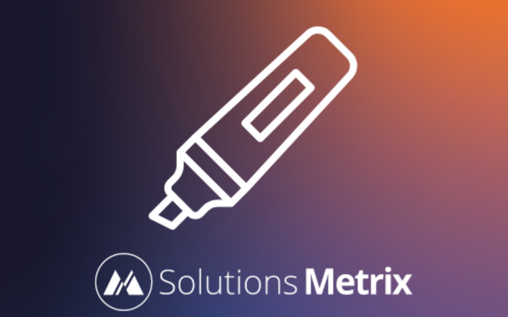 A white outline of a marker icon is centered on a gradient background transitioning from dark blue to orange. Below the marker, the text Solutions Metrix and a logo with two mountain peaks are displayed.