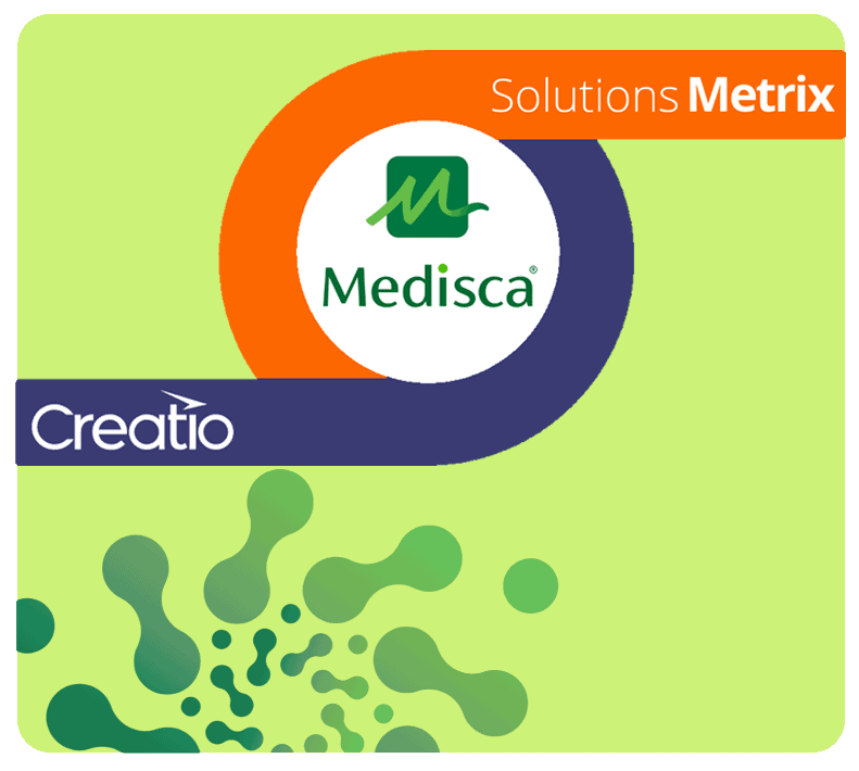 Green background with a central abstract shape featuring the Medisca logo. In the top right corner, the text Solutions Metrix highlights CRM solutions, while the bottom left corner displays Creatio with a decorative green pattern beneath, symbolizing seamless CRM implementation.