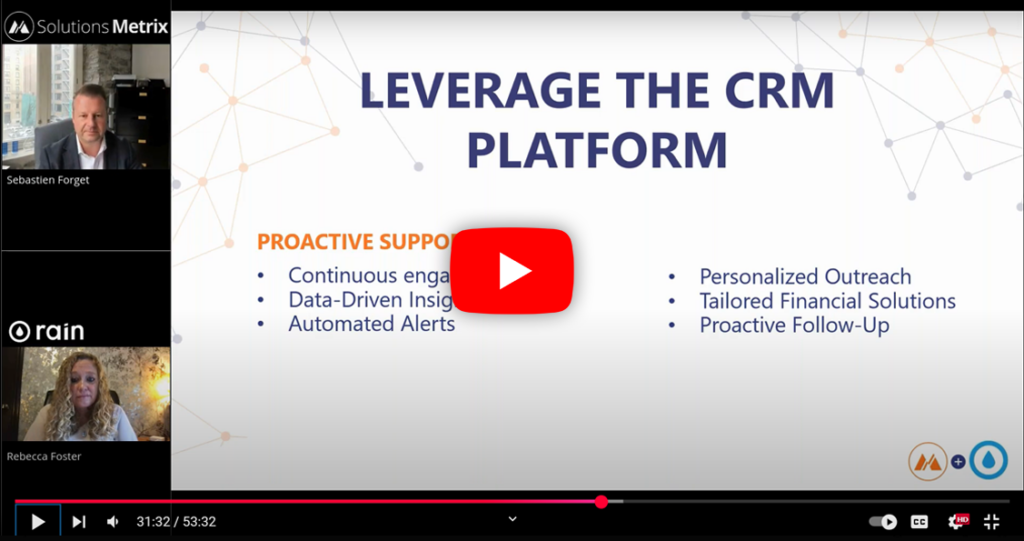 A screenshot of a webinar slide titled Leverage the CRM Platform with two speakers visible on the left. Bullet points include proactive support features like continuous engagement, data-driven insights, and personalized outreach.