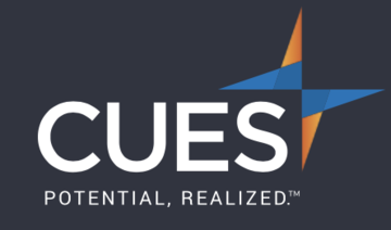 Logo with the word CUES in bold white letters. Below, the slogan Potential, Realized highlights its CRM for credit unions. To the right, a stylized graphic of intertwined triangles in blue and orange stands out against a dark background.